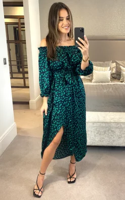 D.Anna Bardot Green Leopard Print Wrap Dress With Front Slit In Navy