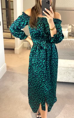 D.Anna Bardot Green Leopard Print Wrap Dress With Front Slit In Navy -DRESSES SHOP 2021 08 17 Megan D.anna 0390