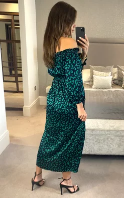 D.Anna Bardot Green Leopard Print Wrap Dress With Front Slit In Navy -DRESSES SHOP 2021 08 17 Megan D.anna 0392