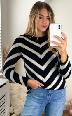 ONLY Long Sleeve Jumper With Chevron Stripes In Black And White