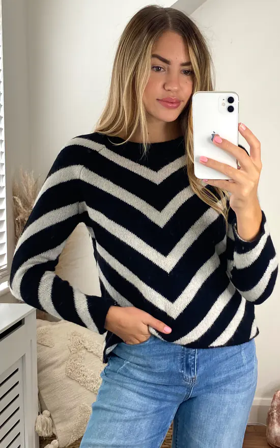 ONLY Long Sleeve Jumper With Chevron Stripes In Black And White 1 ONLY Long Sleeve Jumper With Chevron Stripes In Black And White