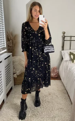 If By Sea Black/Gold Star & Moon Flowy Maxi -DRESSES SHOP 2021 08 20 Megan Cara IfBySea1