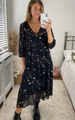 If By Sea Black/Gold Star & Moon Flowy Maxi