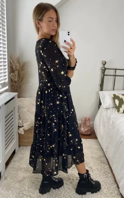 If By Sea Black/Gold Star & Moon Flowy Maxi -DRESSES SHOP 2021 08 20 Megan Cara IfBySea7