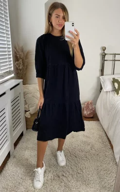 Noisy May Tiered Denim Midi Dress In Black
