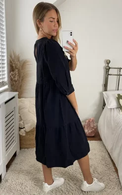 Noisy May Tiered Denim Midi Dress In Black -DRESSES SHOP 2021 08 20 Megan Cara NoisyMay21