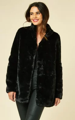 VM Faux Fur Coat With High Neck In Black