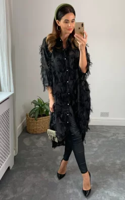 CY Boutique Black Oversized Shirt Dress With Feather Tassel Look Embroidery