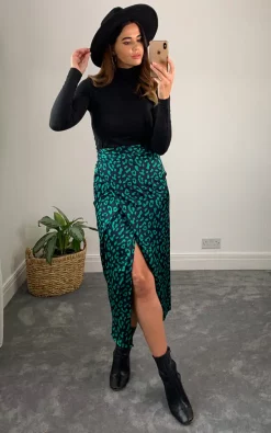 D.Anna Green/Navy Leopard Animal Print Midi Wrap Skirt