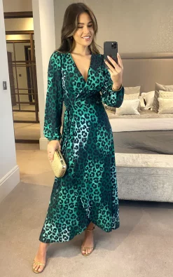 Jenerique Wrap Midi Dress In Green Leopard Print