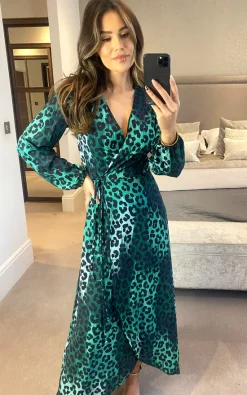 Jenerique Wrap Midi Dress In Green Leopard Print -DRESSES SHOP 2021 09 21 megan Jenerique 2732