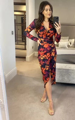 Jenerique Midi Wrap Style Long Sleeves Dress In Fuchsia Floral Print