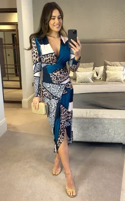 Jenerique Wrap Midi Dress With Slit In Green Animal Print