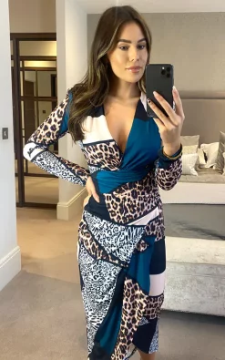 Jenerique Wrap Midi Dress With Slit In Green Animal Print -DRESSES SHOP 2021 09 21 megan Jenerique 2768