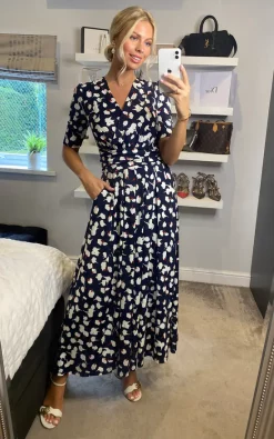 Jolie Moi Acadia Abstract Floral Print Wrap Maxi Dress, Navy/White