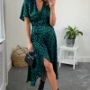 D.Anna Green/Navy Leopard Plunge Neck Floral Print Midi Wrap Dress