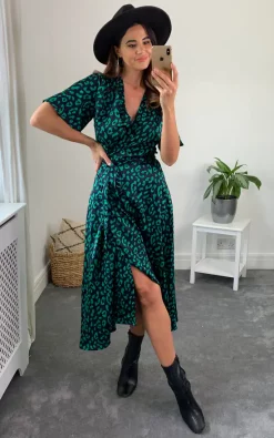 D.Anna Green/Navy Leopard Plunge Neck Floral Print Midi Wrap Dress -DRESSES SHOP 2021 09 27 Megan Naomi Danna14