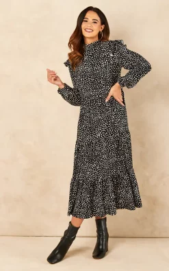 Bella And Blue Tiered Midi Dress With Frill Shoulder Detail In Black And White Spot