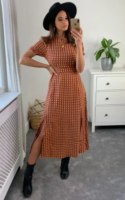 Cutie London Short Sleeve Maxi Dress In Polka Dot Brown