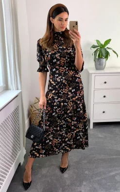 D.Anna Blush And White Floral Print Tiered Dress With High Neck And 3/4 Smocked Sleeves In Black