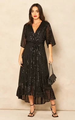 Bella And Blue Sequin Plunge Maxi Dress In Black