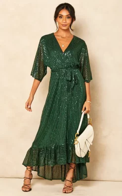 Bella And Blue Sequin Plunge Maxi Dress In Forest Green