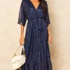 Bella And Blue Sequin Plunge Maxi Dress In Navy