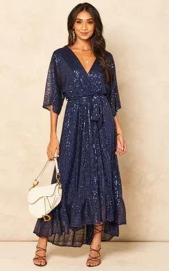 Bella And Blue Sequin Plunge Maxi Dress In Navy