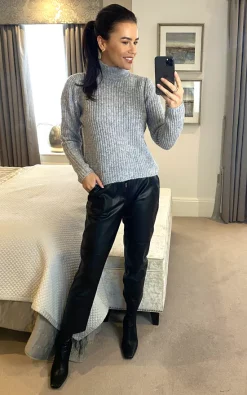 Pieces Long Sleeve High Neck Ribbed Jumper In Grey -DRESSES SHOP 2021 11 08 megan warehouse 6316