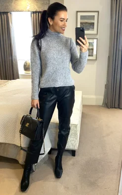 Pieces Long Sleeve High Neck Ribbed Jumper In Grey