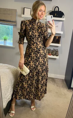 D.Anna High Neck Floral Print With 3/4 Smock Sleeve Tiered Dress In Beige And Black