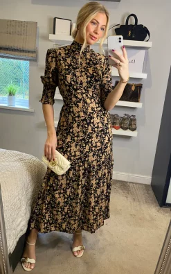 D.Anna High Neck Floral Print With 3/4 Smock Sleeve Tiered Dress In Beige And Black -DRESSES SHOP 2021 11 16 Sasha Danna47