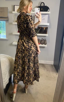 D.Anna High Neck Floral Print With 3/4 Smock Sleeve Tiered Dress In Beige And Black -DRESSES SHOP 2021 11 16 Sasha Danna50