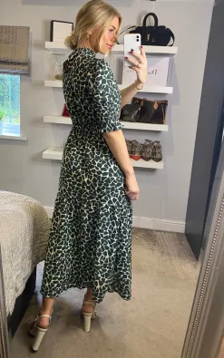 D.Anna High Neck Green Animal Print With 3/4 Smock Sleeve Tiered Dress -DRESSES SHOP 2021 11 16 Sasha Danna55