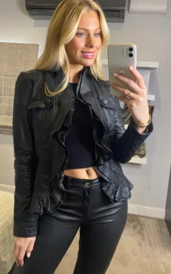 Izabel London Black Frilled Front Faux Leather Jacket