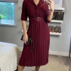 Mela London Pleated Skirt Midi Shirt Dress In Burgundy
