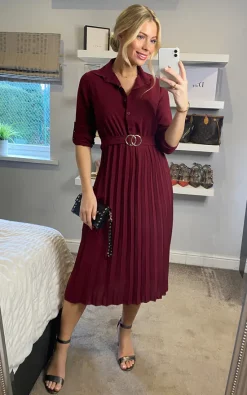 Mela London Pleated Skirt Midi Shirt Dress In Burgundy