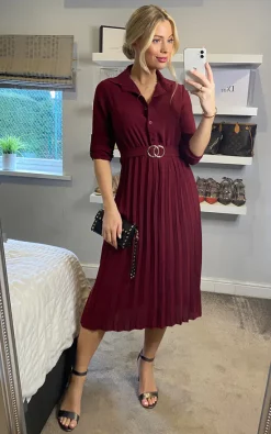 Mela London Pleated Skirt Midi Shirt Dress In Burgundy -DRESSES SHOP 2021 12 06 Sasha Mela22