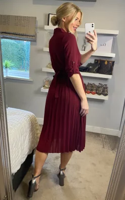 Mela London Pleated Skirt Midi Shirt Dress In Burgundy -DRESSES SHOP 2021 12 06 Sasha Mela25