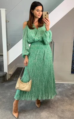 Traffic People Green Dobby Cold Shoulder Dress