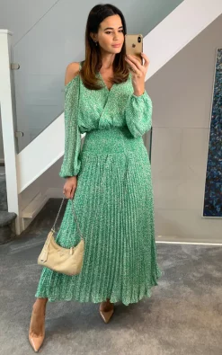 Traffic People Green Dobby Cold Shoulder Dress -DRESSES SHOP 2021 12 07 Naomi TrafficPeople2