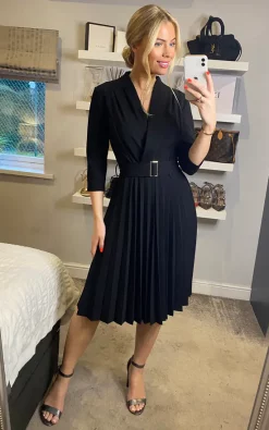 Dresco London Long Sleeve Pleated Midi Wrap Dress With Belt In Black