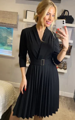 Dresco London Long Sleeve Pleated Midi Wrap Dress With Belt In Black -DRESSES SHOP 2021 12 09 Sasha Dresco84