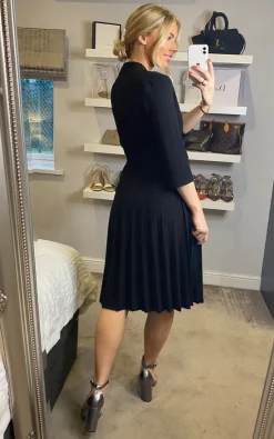 Dresco London Long Sleeve Pleated Midi Wrap Dress With Belt In Black -DRESSES SHOP 2021 12 09 Sasha Dresco85