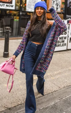 FS Collection Pink Mix Multi Colour Speckles Boucle Check Cardigan In Navy