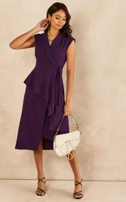 Feverfish Wrapover Midi Peplum Frill Dress Purple