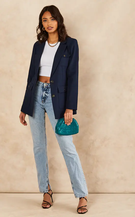 Jenerique Oversize Longline Blazer With 4 Pockets In Dark Navy 1 Jenerique Oversize Longline Blazer With 4 Pockets In Dark Navy