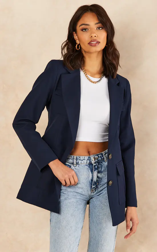 Jenerique Oversize Longline Blazer With 4 Pockets In Dark Navy 2 Jenerique Oversize Longline Blazer With 4 Pockets In Dark Navy - Image 2