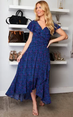 Jolie Moi Luciana Frilly Dip Polka Dot Midi Dress, Blue Animal