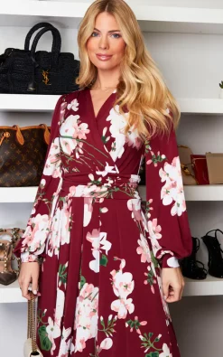 Jolie Moi Kamille Floral Long Sleeve Dress, Dark Red -DRESSES SHOP 2022 01 24 Sasha JolieMoi63